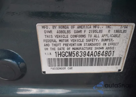 2004 Honda Accord 2.4 Lx from USA, damaged, VIN 1HGCM56394A064801